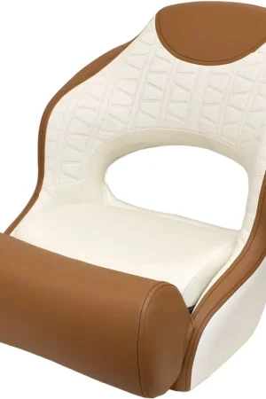 Boat Helm Seat W/ Flip-Up Bolster | Cream / Brown Patterned Stitch Grab Now